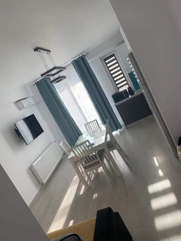 Living open-space cu canapea extensibilă și bucătărie modernă